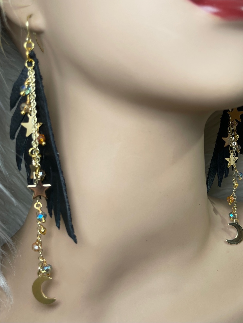 Black Leather Raven Wings & Gold Star Moon Drop Fringe Boho Earrings | Artisan - Picture 7 of 16